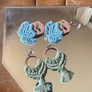 Handcrafted Green Macramé Tassel Hoop Earrings - Unbranded